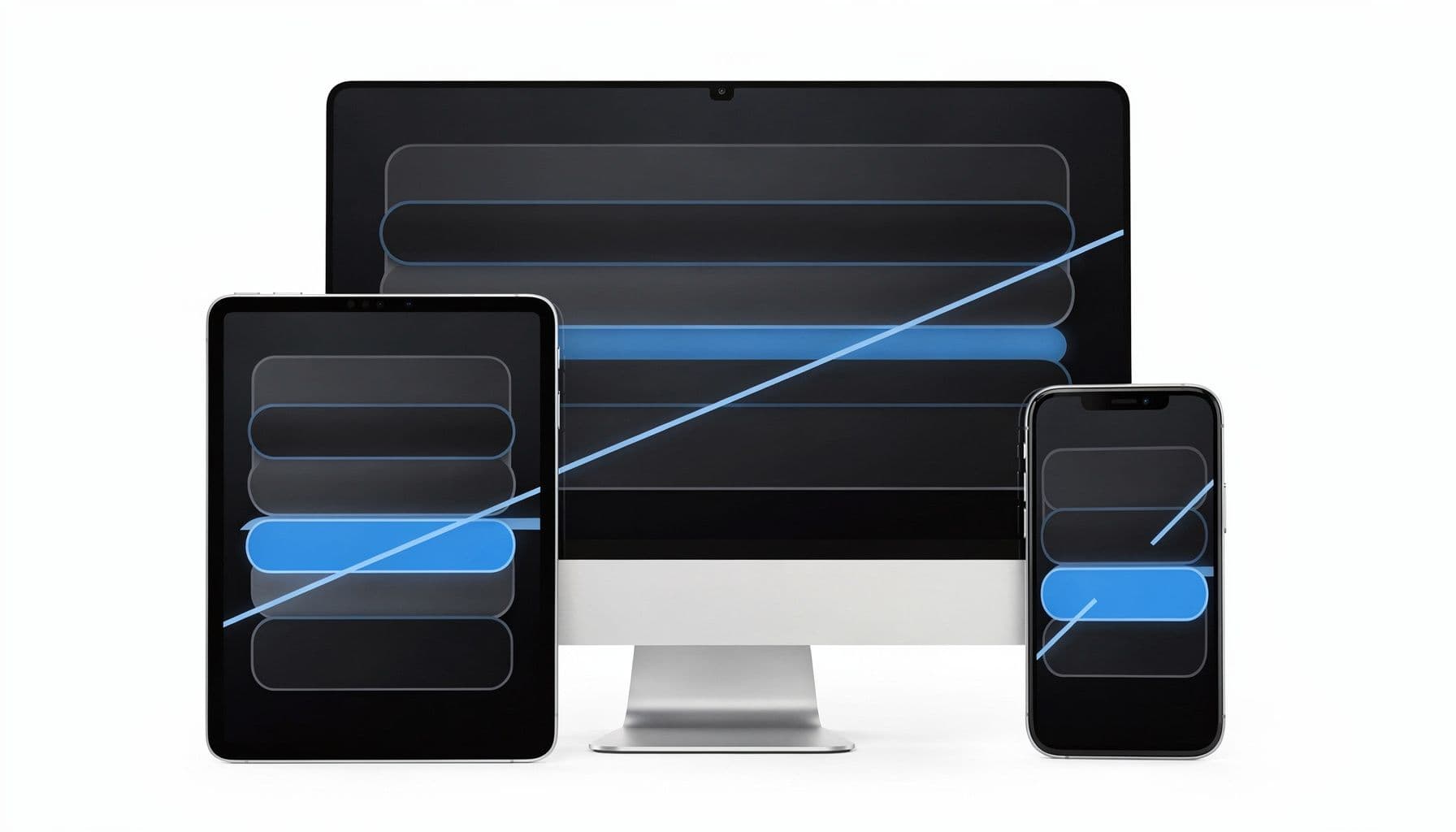 Three overlapping devices — a large monitor, tablet, and phone — arranged in a triangular composition on a clean off-white void, each screen displaying a different audit phase as layered diagnostic UI panels with severity-scored vulnerability heat maps, lock icons, and cascading check marks that visually connect across all three screens through shared scan lines, suggesting a multi-phase security review flowing from surface-level automated checks to deep manual analysis.